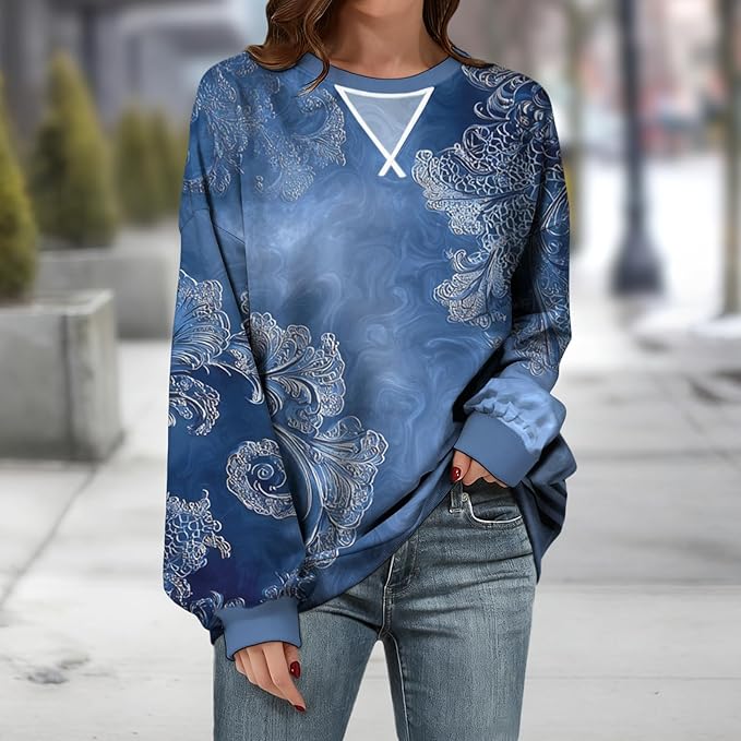 Womens Sweatshirts Fahsion Floral Print Long Sleeve Comfy Fall Tops Oversized Casual Crewneck Pullover Shirts