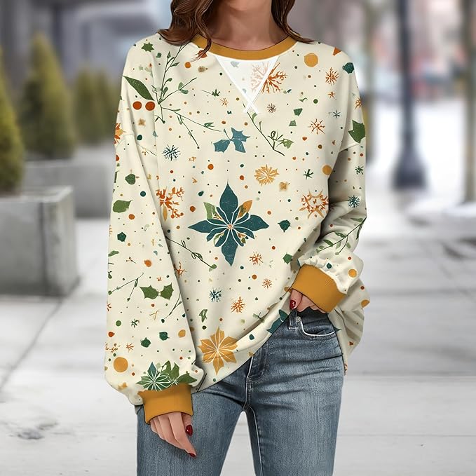 Womens Sweatshirts Fahsion Floral Print Long Sleeve Comfy Fall Tops Oversized Casual Crewneck Pullover Shirts