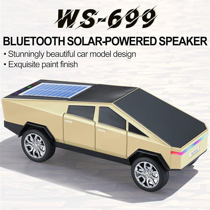 Solar-Powered car-Shaped Bluetooth Speaker, Portable Wireless Stereo, high-Definition Sound Quality, TWS Dual-Ear Pairing, Truck-Shaped Speaker, Suitable for Home, Office and Gift (GLOD)