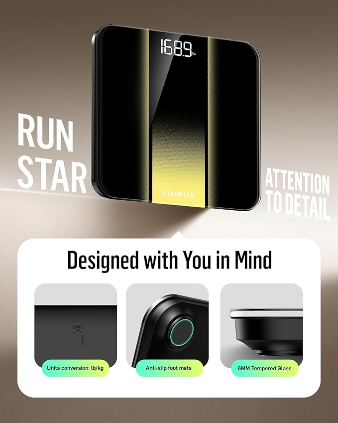 RunStar Digital Bathroom Scale for Body Weight with High Precision, Clear LED Backlight Display, Accurate Scale with 6mm Tempered Glass, 400lb