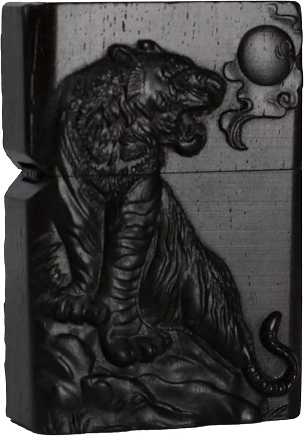 Natural Ebony Black Wood Carved Lighter Shell Box For Zippo Module (Hilltop Tiger)