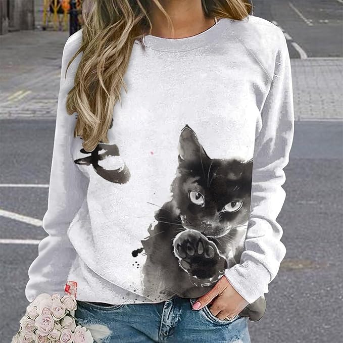 Long Sleeve Shirts for Women Cat Printed Fall Winter Dressy Holiday Casual Fashion Crewneck Tunic Tee Shirts