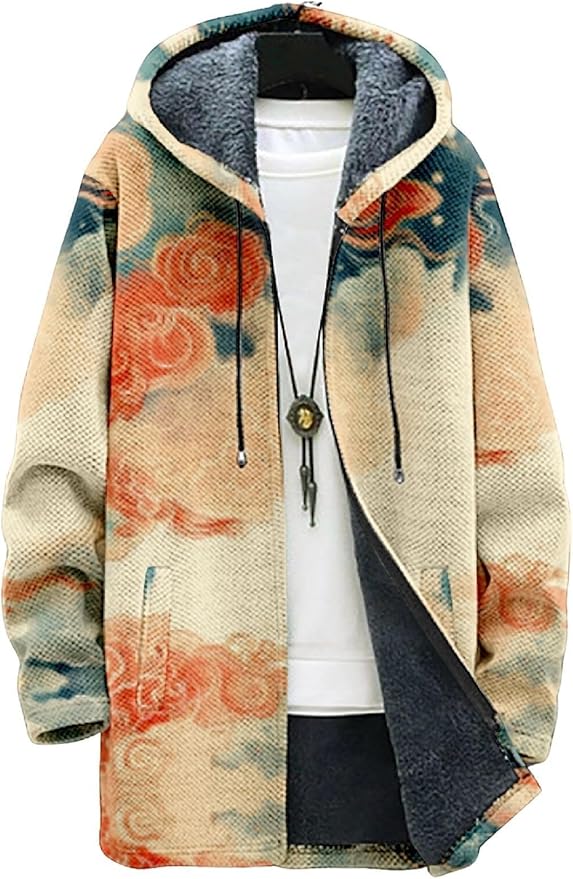 2025 Men's Ethnic Pattern Hooded Jacket Long Cardigan Hoodies Full Zip Vintage Knitted Zipper Coat with Pocket