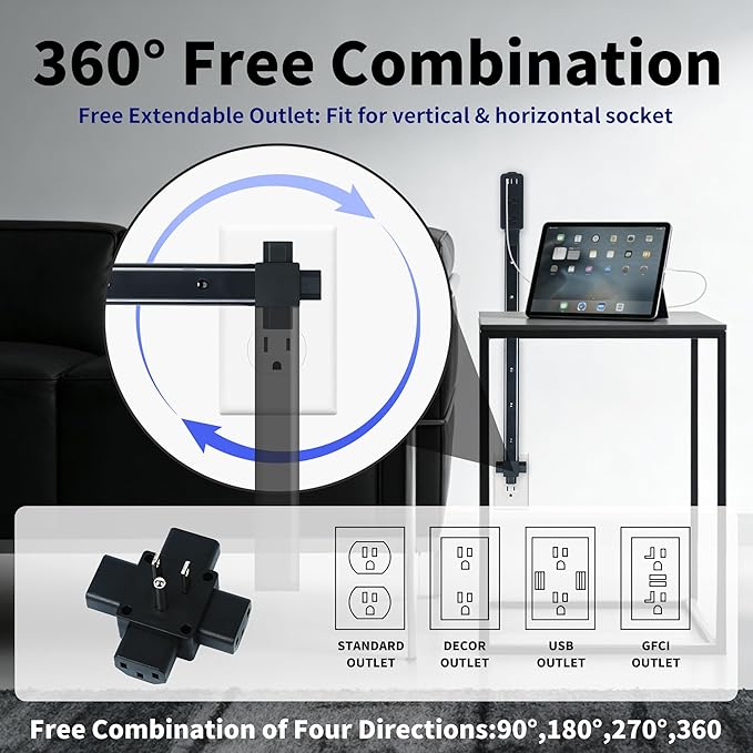 Extendable Outlet Extender Stick with 2 AC Outlets, USB-A & USB-C, 8.3"–36.1" Adjustable Length, 360° Rotatable Modular Design, Fireproof Housing & Overload Protection for Couches, Beds, Desks
