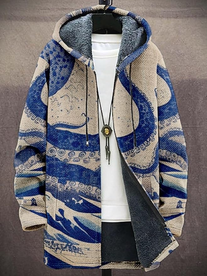 2025 Men's Ethnic Pattern Hooded Jacket Long Cardigan Hoodies Full Zip Vintage Knitted Zipper Coat with Pocket