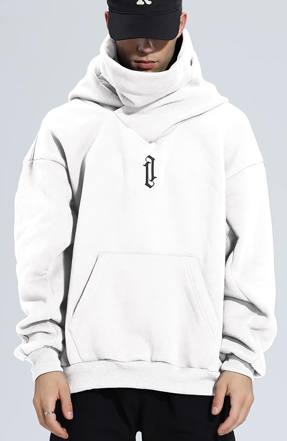 Fleece Hoodies for Men Cowl Neck Sweatshirts Hood with neck Gaiter Casual Pullover Fall Winter with Embroidery