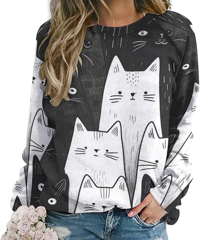 Fall Sweaters for Women 2024 Cat Print Long Sleeve Casual Crewneck Warm Fall Pullover Comfy Fashion Sweatshirts