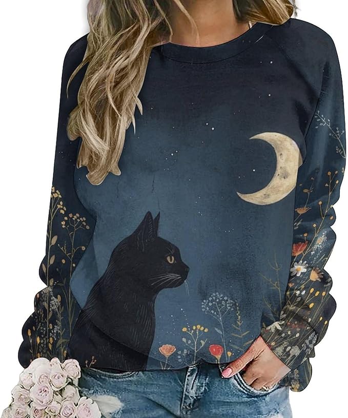 Sweatshirt for Women Cat Print Fashion Funny Plus Size Ladies Dressy Crewneck Casual Trendy Tee Shirts