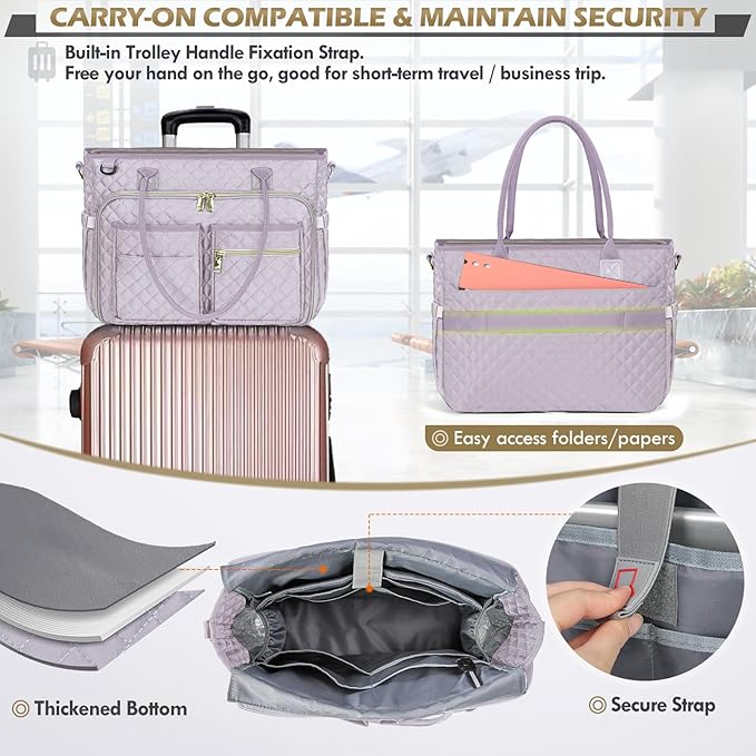 RAINSMORE Teacher Tote Bag 15.6 inch Laptop Bag for Women Work Bags Laptop Tote Nurse Bag Professional Computer Messenger with Insulated Pocket, Laptop Briefcase for Office, College, Gray Lilac
