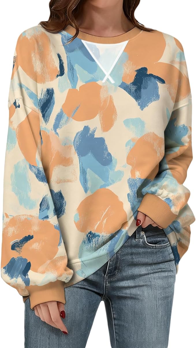 Womens Sweatshirts Fahsion Floral Print Long Sleeve Comfy Fall Tops Oversized Casual Crewneck Pullover Shirts