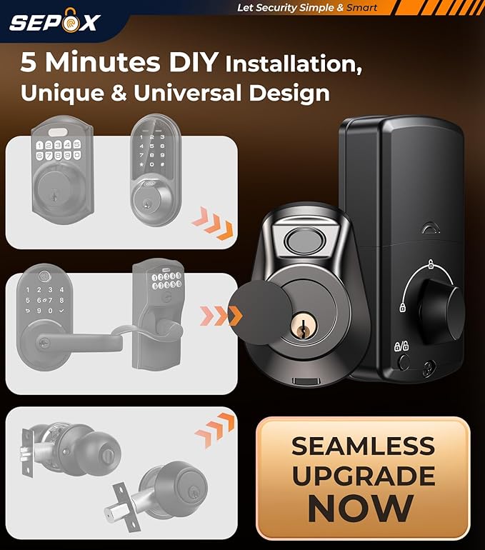 SEPOX® 2PC Set Smart Deadbolt Lock - 5-in-1 Keyless Entry (Fingerprint, Bluetooth, WiFi, Tuya APP, Key) - Auto Lock/Unlock, Front & Bedroom Door Compatible, Lever & Knob