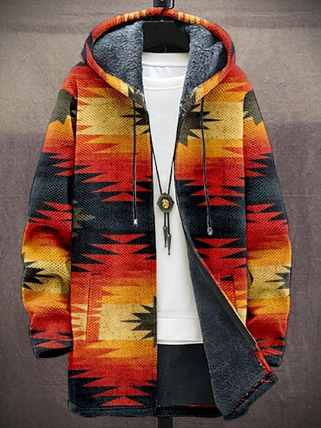 2025 Men's Ethnic Pattern Hooded Jacket Long Cardigan Hoodies Full Zip Vintage Knitted Zipper Coat with Pocket