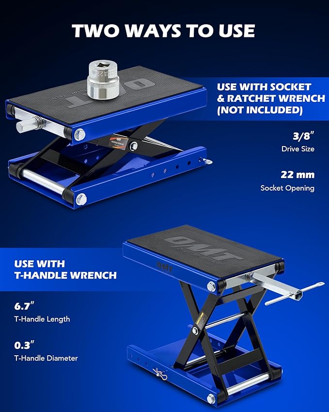 Orion Motor Tech Motorcycle Lift, 1100lb Motorcycle Scissor Lift Jack with Wide Deck T Handle 3/8" Socket, Motorbike Center Stand with Chain Brush, Crank Hoist Stand for ATV Dirt Bike Cruiser, Blue
