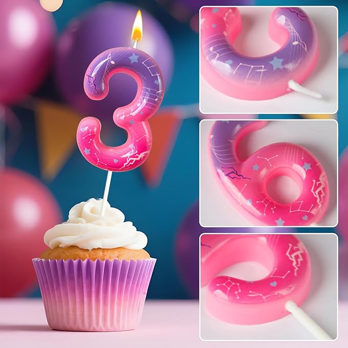 Lurevian K-pop Pink Purple Number Birthday Candle – Trendy Cake Decoration for Themed Parties, Sparkly Gradient Cake Topper for Girls Birthday Party Decoration for Teens（Number 3）