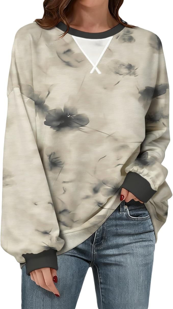 Womens Sweatshirts Fahsion Floral Print Long Sleeve Comfy Fall Tops Oversized Casual Crewneck Pullover Shirts