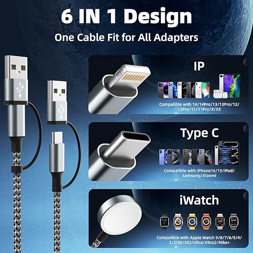 3 in 2 USB A/USB C Cable for Apple iWatch Charger, Multi Charging Cable iPhoe Charger Cord, Travel Charger for Multiple Devices Compatible with iWatch Ultra/SE/11-2, iPhone17-6, Pad, Android-5FT