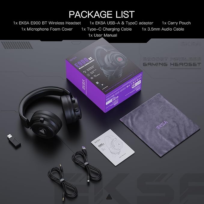 EKSA USB Gaming Headset for PC - Computer Headset with Detachable Noise Cancelling Mic, Surround‑Tuned Audio, 50MM Driver - Headphones with Microphone for PS4/PS5, Xbox One, Laptop, Office (Wireless)