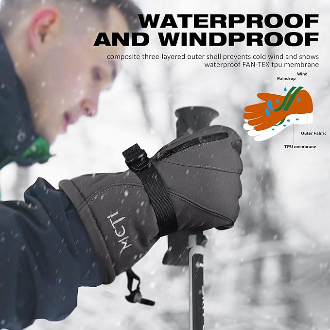 MCTi Waterproof Mens Ski Gloves Winter Warm 3M Thinsulate Snowboard Snowmobile Cold Weather Gloves