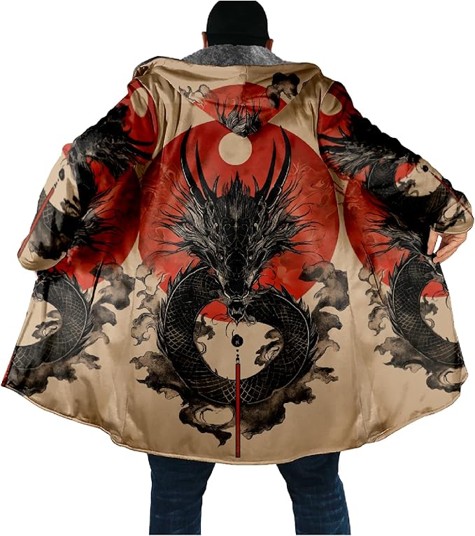 Mens Hooded Cardigan Japanese Art Zip Up Long Sleeve Sweater Hoodie Dragon Print Coat with Pockets