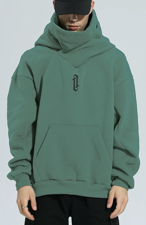 Fleece Hoodies for Men Cowl Neck Sweatshirts Hood with neck Gaiter Casual Pullover Fall Winter with Embroidery