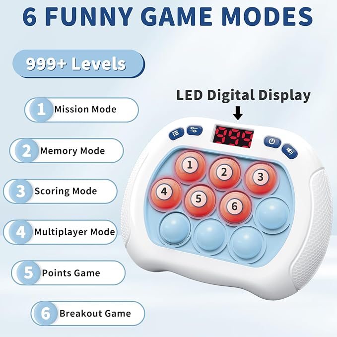 Pop Game Light Up Fidget Toy for Kids, 6 Modes LED Screen Quick Push Controller Electric Fidget Popper Game Quick Push Bubble Sensory Games Birthday Toys for Kids Lightblue