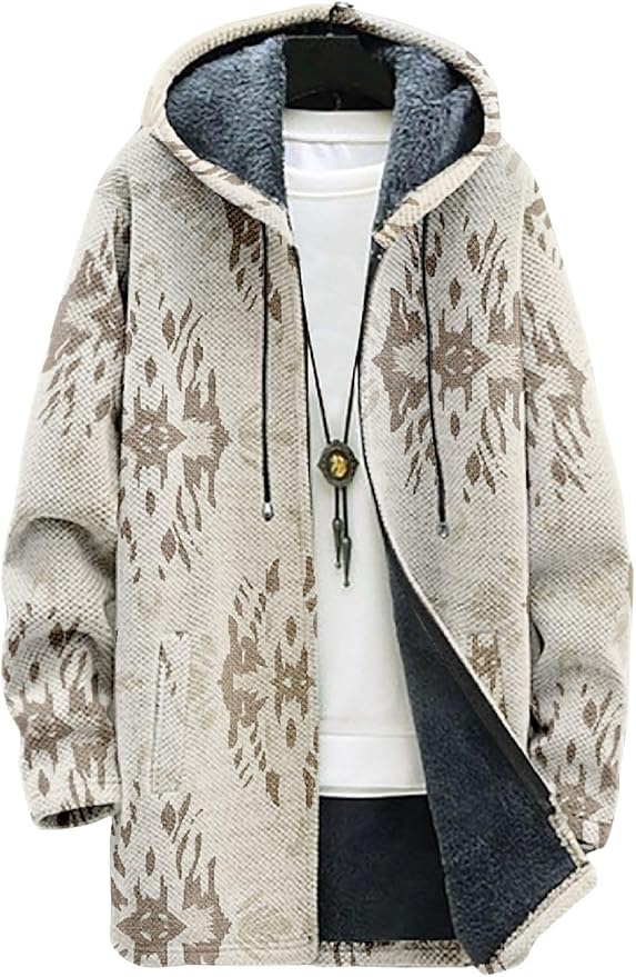 2025 Men's Ethnic Pattern Hooded Jacket Long Cardigan Hoodies Full Zip Vintage Knitted Zipper Coat with Pocket