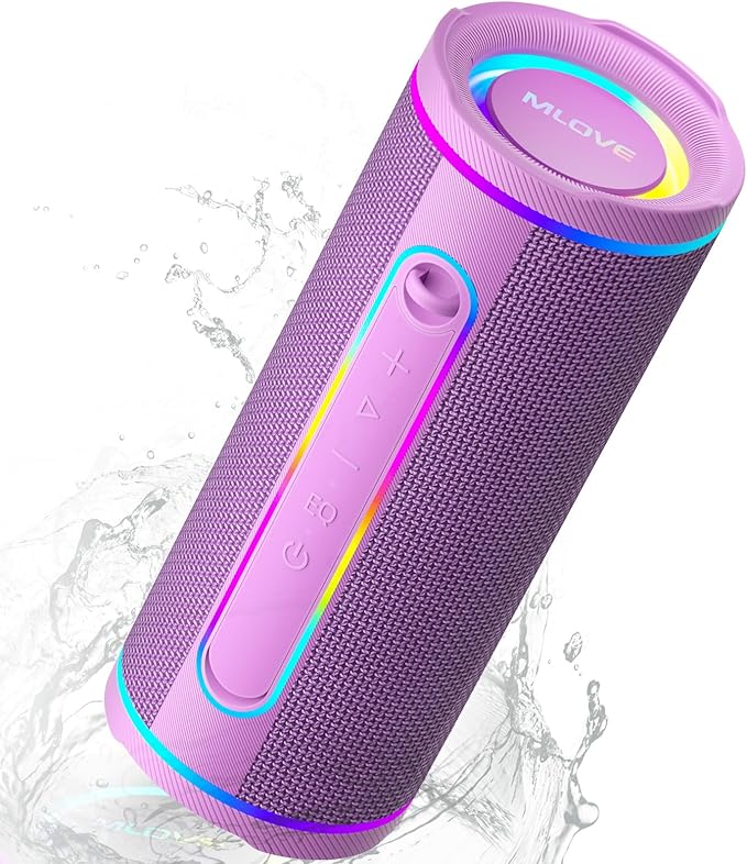 MLOVE E80 Portable Bluetooth Speaker, Bluetooth 5.4 Wireless Speakers IPX7 Waterproof with Aux Input, Micro SD Card Slot, Led Lights, Bass Boost, Dual Pairing, Mic for Outdoor Travel, Car, 30W, Purple