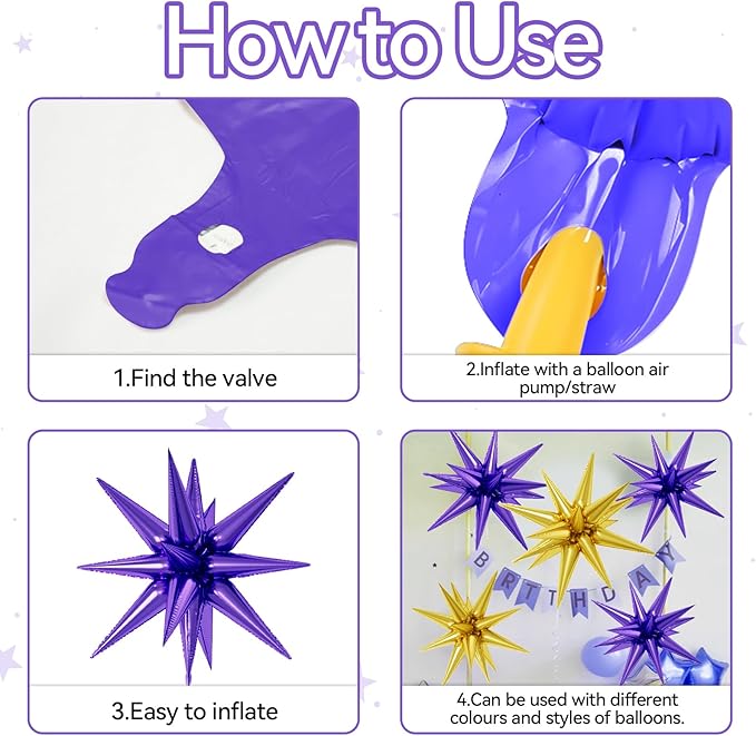 6PCS Star Balloons, 22Inch Large Purple Gold Star Balloon Explosion Foil Balloons Cone Spike Balloon for Birthday Graduation Wedding Anniversary Party Backdrops Decorations