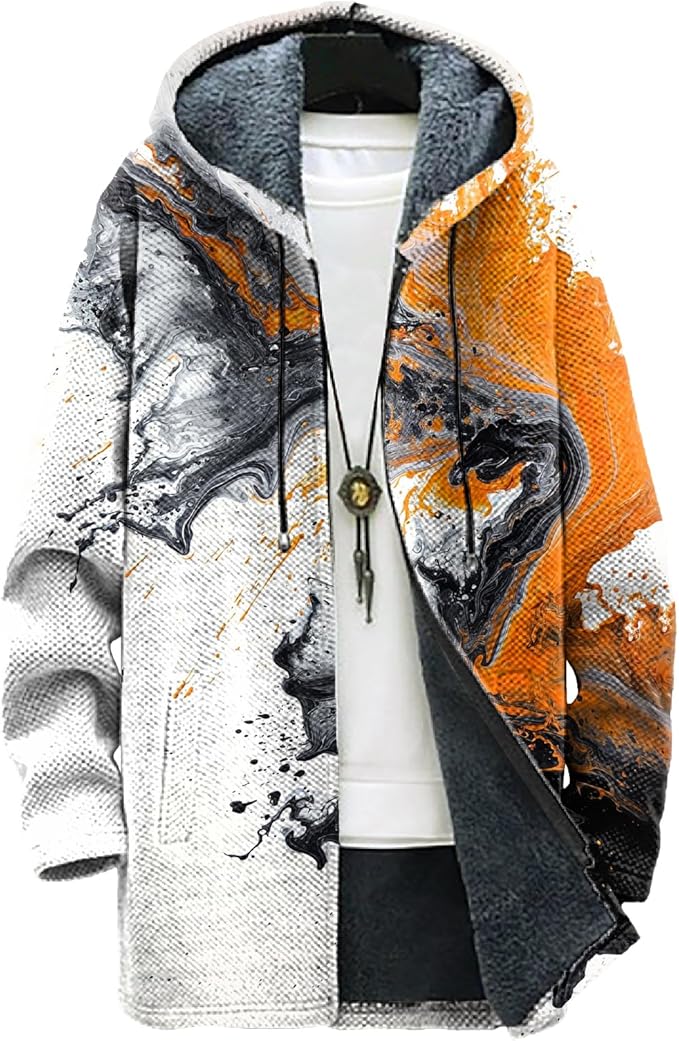 MARSVOVO Long Hooded Cardigan Men Japanese Art Style Fashion Cool Graphic Streetwear Winter Warm Lined Fleece Jacket