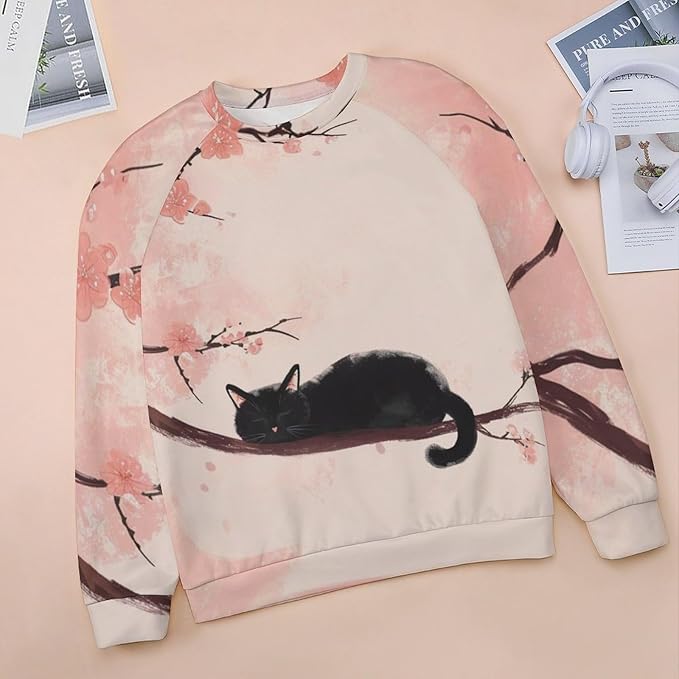 Long Sleeve Shirts for Women Cat Printed Fall Winter Dressy Holiday Casual Fashion Crewneck Tunic Tee Shirts