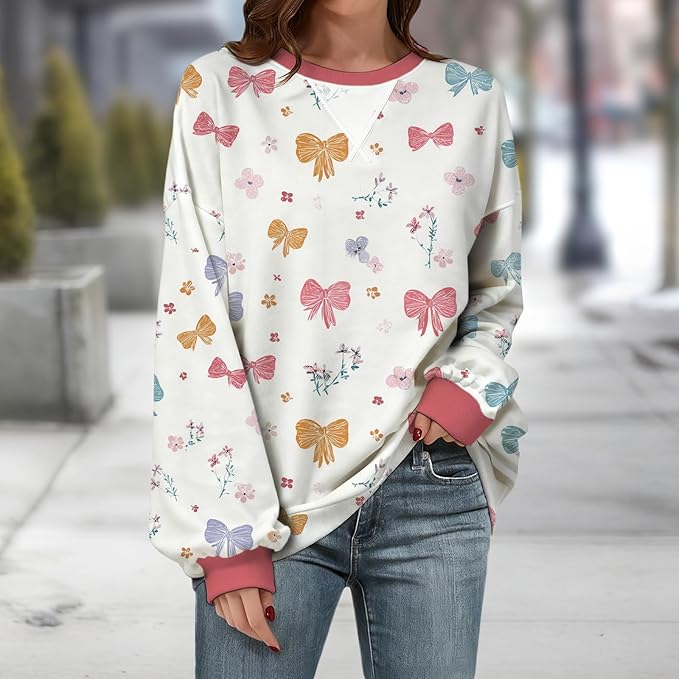 Womens Sweatshirts Fahsion Floral Print Long Sleeve Comfy Fall Tops Oversized Casual Crewneck Pullover Shirts