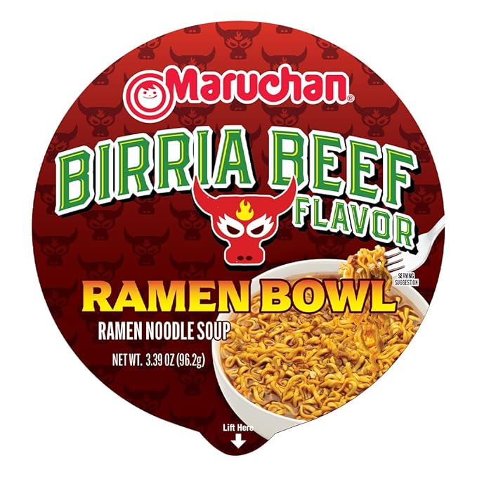 Maruchan Bowl Birria Beef, Microwaveable Ramen Soup Mix, 3.39 Oz, 6 Count (Pack of 2)