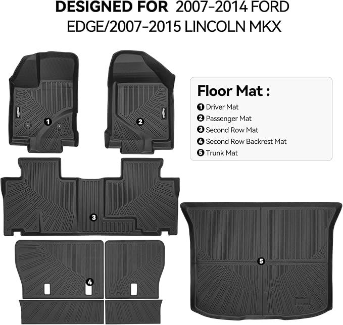 Floor Mats for 2007-2014 Ford Edge/2007-2015 Lincoln MKX, Trunk Mat and Backrest Mat All Weather TPE Protector for Ford Edge Accessories