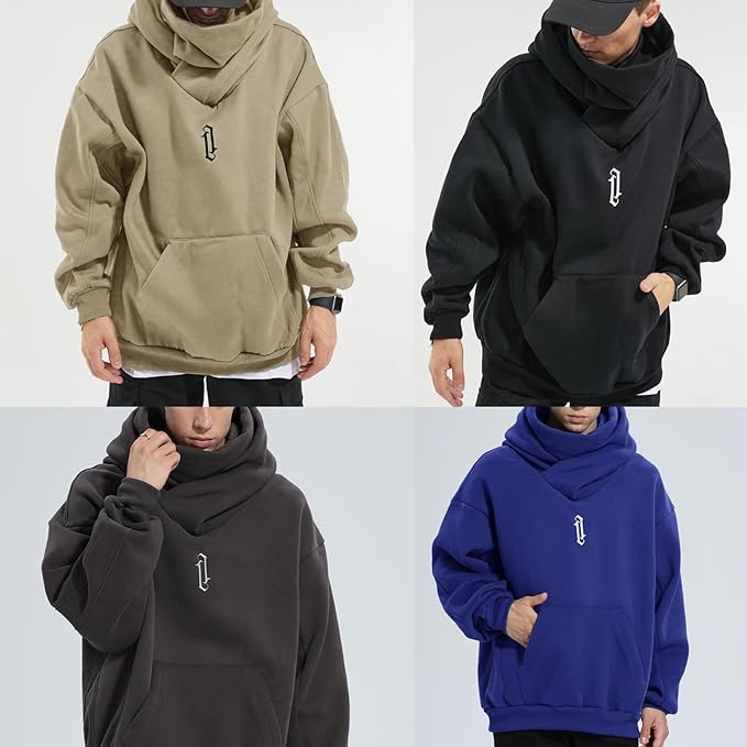 Fleece Hoodies for Men Cowl Neck Sweatshirts Hood with neck Gaiter Casual Pullover Fall Winter with Embroidery