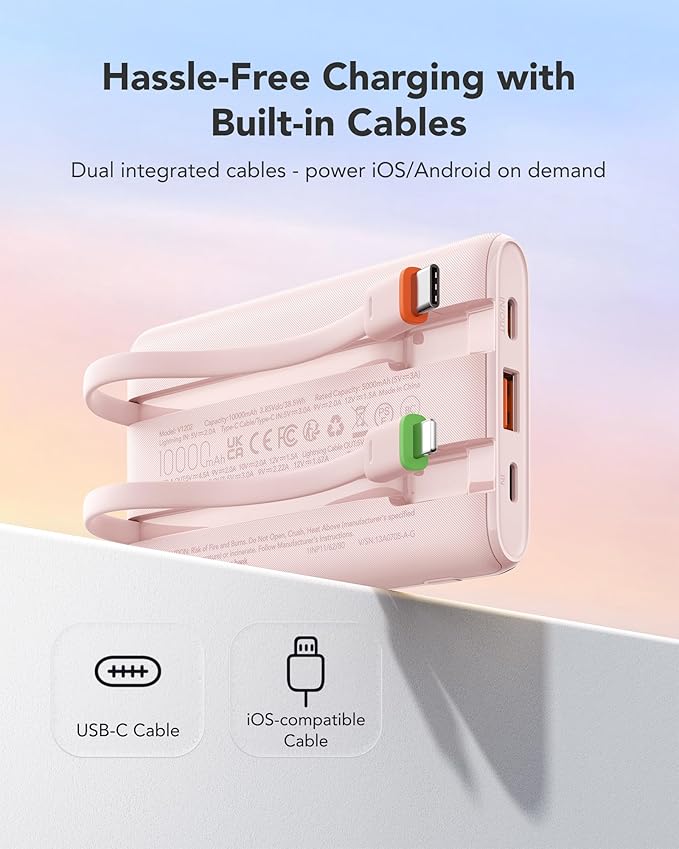 VEGER Portable Charger with Built in Cables, Slim 10000mAh PD 22.5W Fast Charging USB C Power Bank, 4 Outputs 3 Inputs Battery Pack Compatible with iPhone 16e 15 14 13 Samsung iPad - Travel Essential
