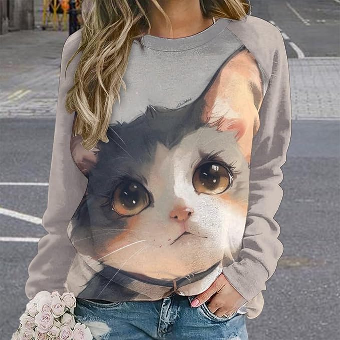 Long Sleeve Shirts for Women Cat Printed Fall Winter Dressy Holiday Casual Fashion Crewneck Tunic Tee Shirts