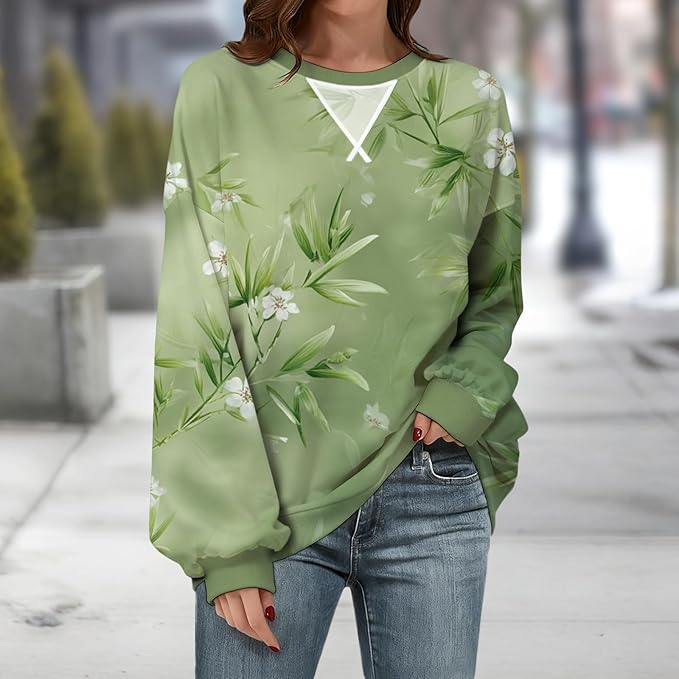 Womens Sweatshirts Fahsion Floral Print Long Sleeve Comfy Fall Tops Oversized Casual Crewneck Pullover Shirts