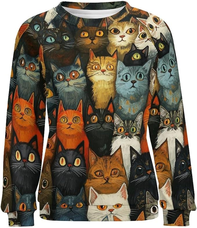 Fall Sweaters for Women 2024 Cat Print Long Sleeve Casual Crewneck Warm Fall Pullover Comfy Fashion Sweatshirts
