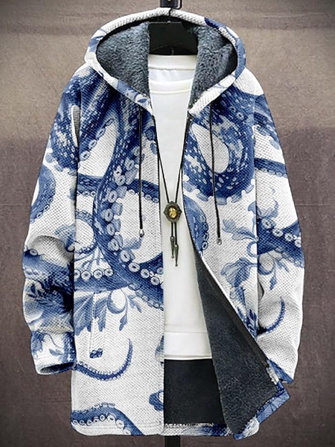 2025 Men's Ethnic Pattern Hooded Jacket Long Cardigan Hoodies Full Zip Vintage Knitted Zipper Coat with Pocket