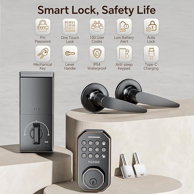 Keyless Entry Door Lock Set Smart Locks for Front Door Keypad Door Lock with Handle Auto Lock One Time Password Anti Peeping Password IP54, Bronze