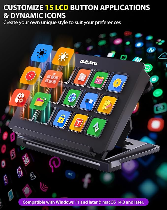 Stream Controller, Stream Deck with 15 Macro Keys Customizable, Gaming Macro Keypad with Trigger Actions in OBS/Twitch/YouTube/Streamlabs/Discord/Zoom, Compatible with Mac/PC, Foldable Stand