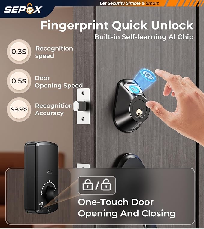 SEPOX® Satin Nickel Smart Deadbolt Door Lock, 5-in-1 Keyless Entry (Fingerprint, Tuya APP, WiFi, Bluetooth, Key) Auto Lock, Reversible Left Right for Exterior/Interior Entry Door