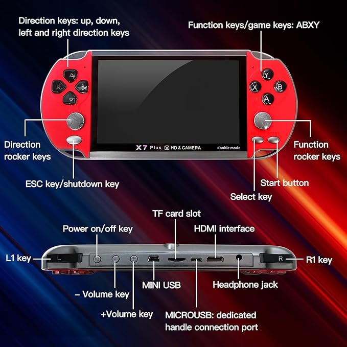 10000 Games Built-in Retro Portable Mini Handheld Video Game Console 8-Bit 5.1Inch Color LCD Game Player Built-in 10000 Games Birthday Gifts Presents (Red)