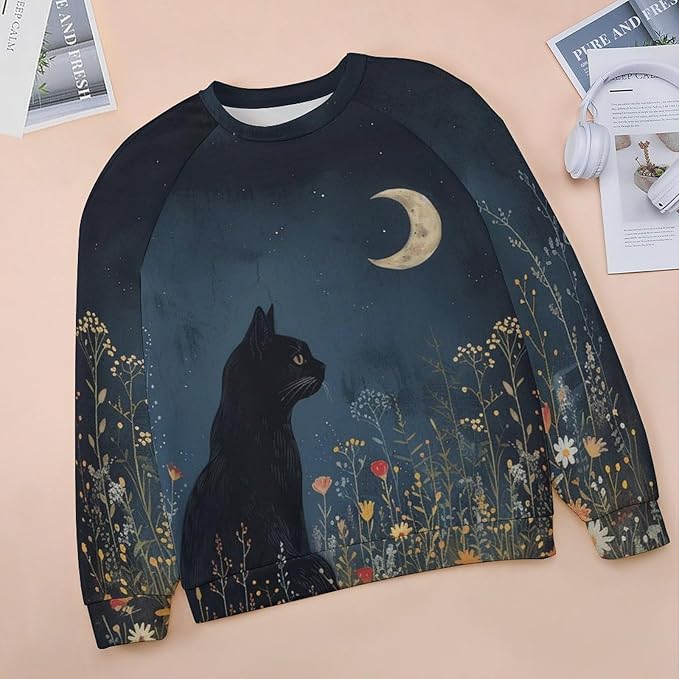 Sweatshirt for Women Cat Print Fashion Funny Plus Size Ladies Dressy Crewneck Casual Trendy Tee Shirts