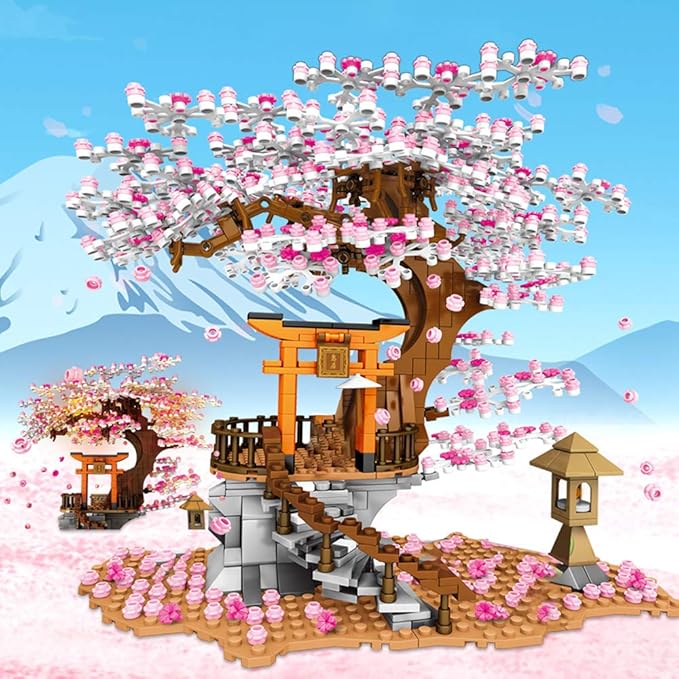 Sakura Tree House Lights Building Kit,City Architecture Inari Shrine Building Blocks Sets,for Adults,or Aged 12+ Boys Girls (1103 Pieces)