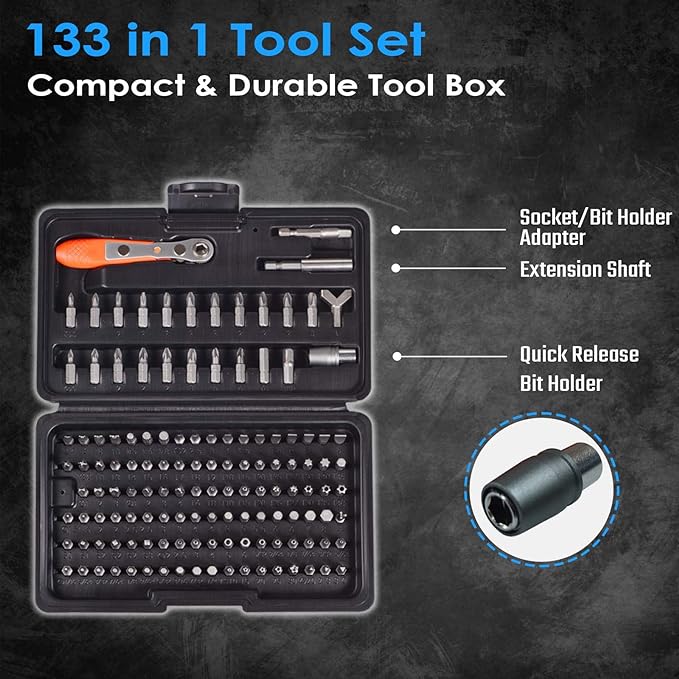 133in1 Mini Ratchet Wrench Screwdriver Bit Set with 1/4" Hex Shank Phillips/Pozidriv/Hexagon/Torx/Slotted/Square Bits, 36-Tooth Gear, Magnetic Bit Holder, 90 Degree Drive Handle