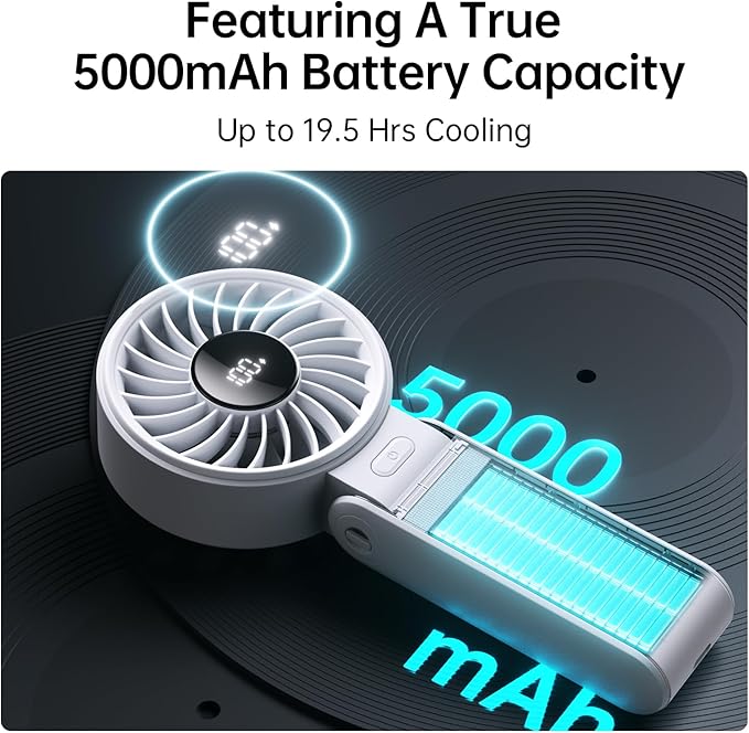 JISULIFE Handheld Fan Life7 – Ultimate Flexibility: High-Power Motor, LED Display, 19.5 Hrs Cooling, 5000mAh Rechargeable, 5-Speed, Foldable Design, 3-IN-1 Portable Fan for Travel Cruise Beach(Grey)