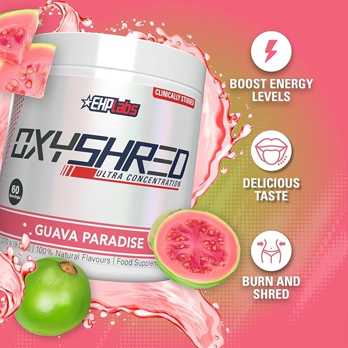 EHP Labs OxyShred Pre Workout Powder & Shredding Supplement - Preworkout Powder with L Glutamine & Acetyl L Carnitine, Energy Boost Drink - Guava Paradise, 60 Servings