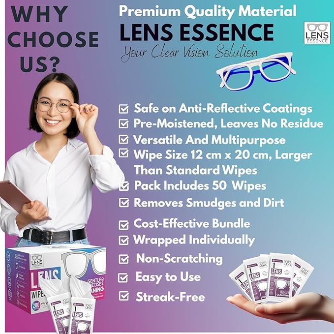 Eye Glasses Cleaner Wipes - Lens Wipes for Eyeglasses - Individually Wrapped Wipes - Multipurpose Cleaner for Cameras and Sunglasses, 50 Count (12cm x 20cm)