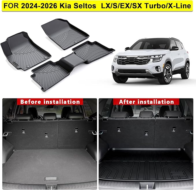TPE Floor Mats for 2024-2026 Kia Seltos LX/S/EX/SX Turbo/X-Line, All Weather Car Floor Liners Fit Kia Seltos Accessories Black